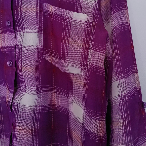 Kirra Sheer Plaid Button Down Roll Up Sleeves - Picture 6 of 14
